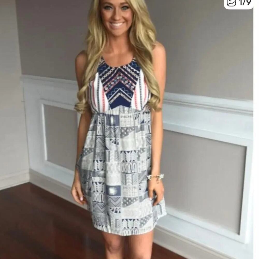 Patterned Sleeveless Dress - Blue and White